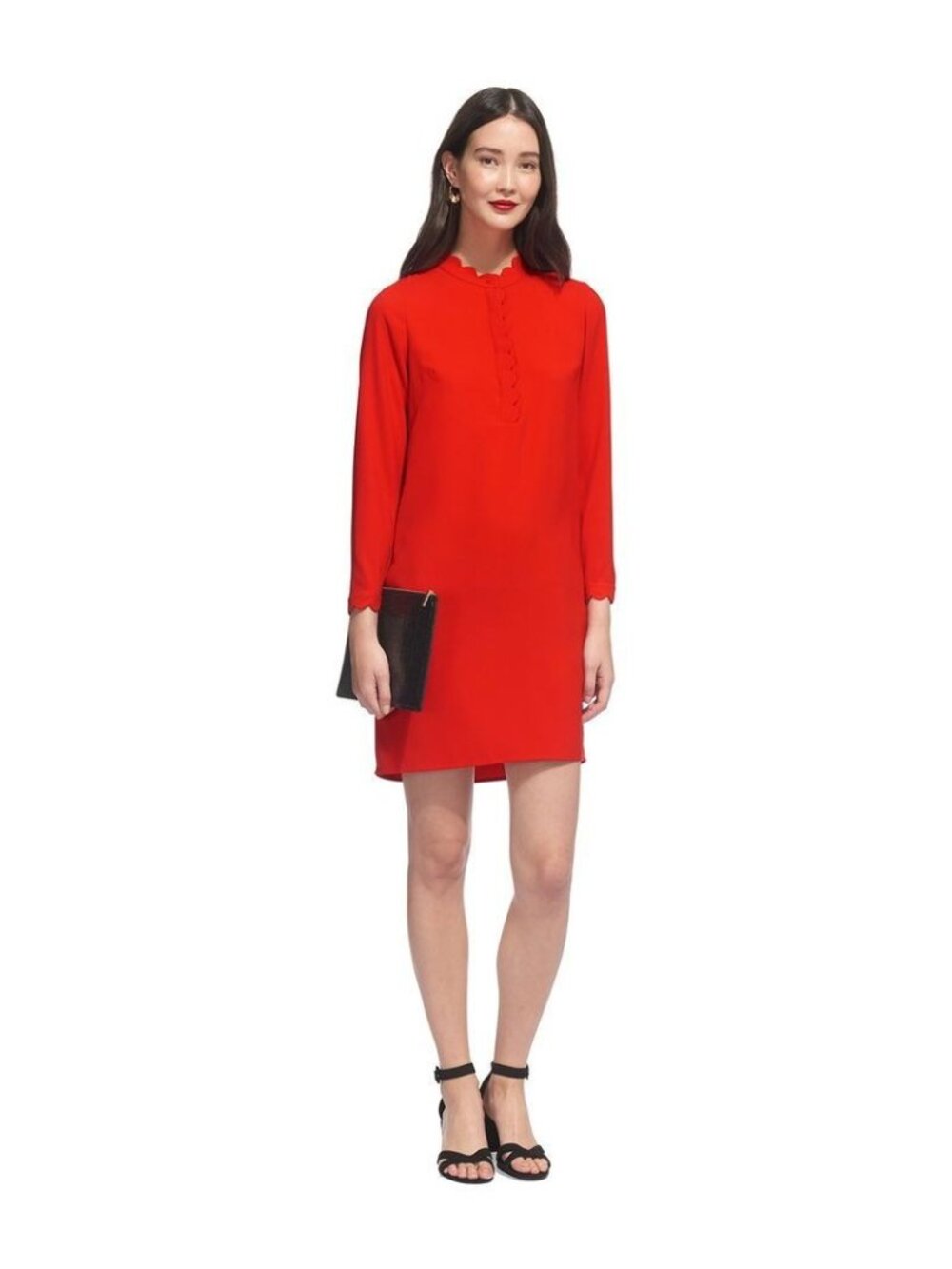 Whistles Red Scalloped Collar Crepe Shift Dress US 6 / UK 10 — Mock Neck, Long S